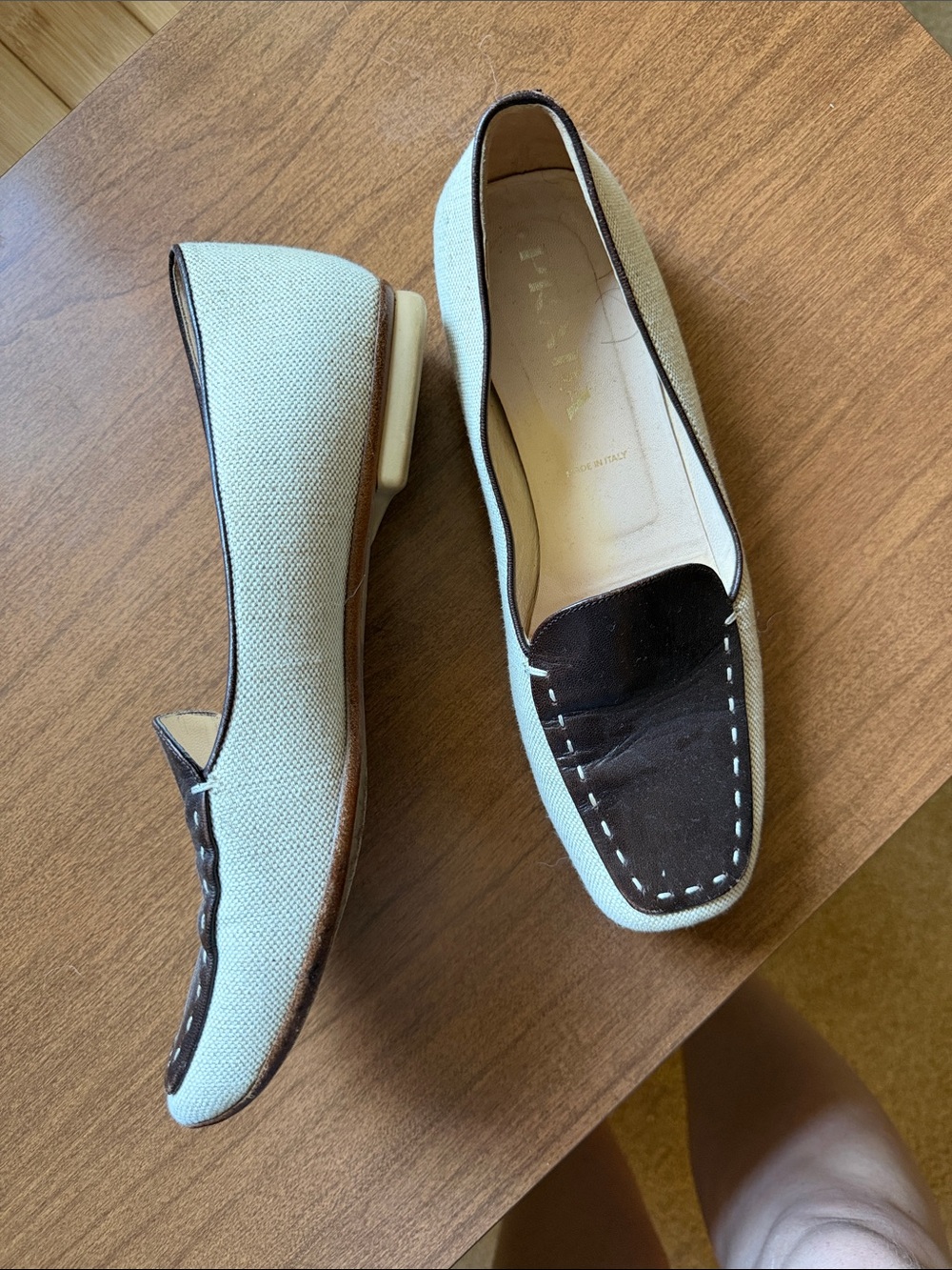 PRADA Canvas Leather Loafers Cream and Brown 38
